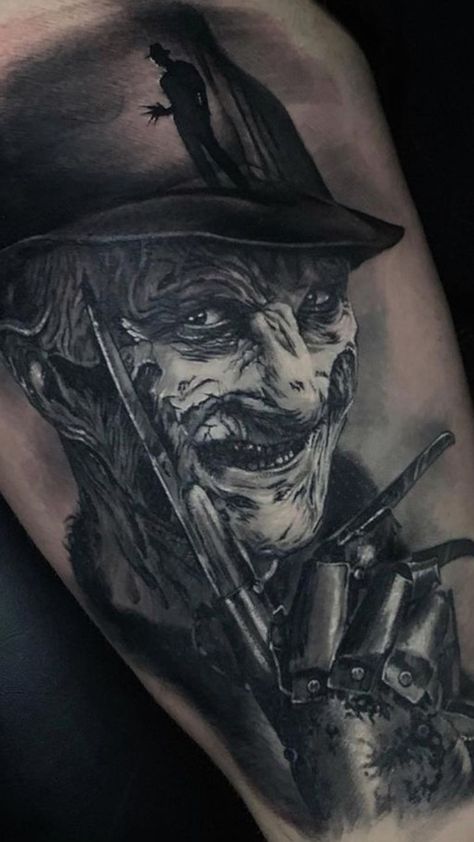 Freddy Krueger Tattoo Design, Freddy Krueger Tattoo, Pennywise Tattoo, Gas Mask Tattoo, Freddy Krueger Art, Thigh Tattoo Men, Forearm Tattoo Quotes, Ray Tattoo, Horror Movie Tattoos