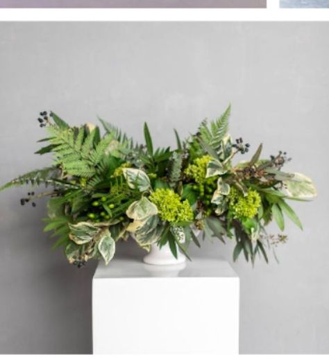 Green Floral Arrangements Centerpieces, Flower Arrangement For Rectangular Table, Greenery Table Arrangements, Fern And Eucalyptus Centerpiece, Low And Wide Floral Arrangements, Low Table Flower Arrangements, Low Greenery Centerpiece, Low Floral Arrangements For Table, Foliage Only Arrangements