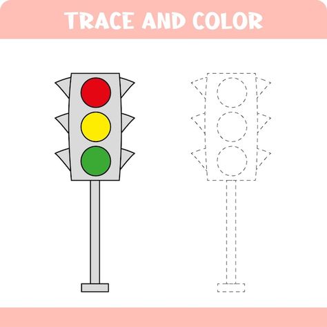 Trace and color educational game for kid... | Premium Vector #Freepik #vector #book #color #sign #road Traffic Light Coloring Page, Nursery Worksheets, Sign Road, Trace And Color, Kids Worksheet, Educational Games For Kids, Game For Kids, Handwriting Practice, Traffic Light