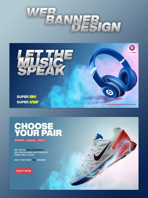 Web Banner for  Headphones and Shoes. Google Banner Ads, Mobile Banner, Website Banner Design, Banner Design Layout, Digital Banners, Creative Banners, Banner Design Inspiration, Email Template Design, Social Media Advertising Design