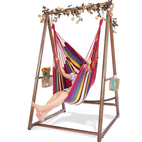 PRICES MAY VARY. √ EXCELLENT Hammock Stand & Rope Swing Set - Firm and safe; this hammock stand is made of heavy duty frame to ensure its durability. Stable structure with fashionable woven fabric rope chair that can hold up to 330 pounds. √ MULTICOLOR OPTIONS - Choose the most suitable hanging chair set for your home. We provide different color choices to highlight the unique features of your porch and garden. Setting up a comfortable space that belongs to you. √ VERY EASY TO ASSEMBLE - All ins Indoor Swings For Adults, Hammock Chair Stand Diy, Diy Hammock Chair, Outdoor Hammock Chair, Kids Hammock, Hammock Chair Stand, Fabric Rope, Diy Hammock, Rope Chair