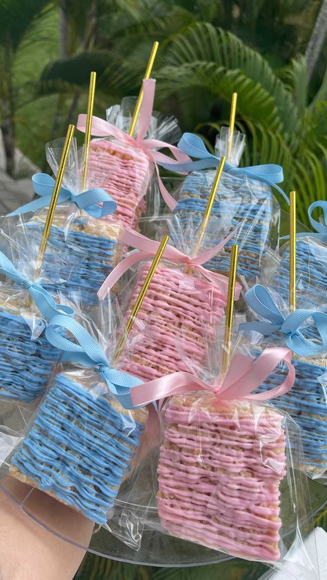 Cute Gender Reveal Snack Ideas, Treat Table Gender Reveal, Pink And Blue Pretzels Gender Reveal, Pink And Blue Rice Krispy Treats Gender Reveal, Gender Reveal Jello Cups, Pink Vs Blue Gender Reveal, Dessert Table For Gender Reveal, Pink And Blue Treats Gender Reveal, Gender Reveal Oreo Balls