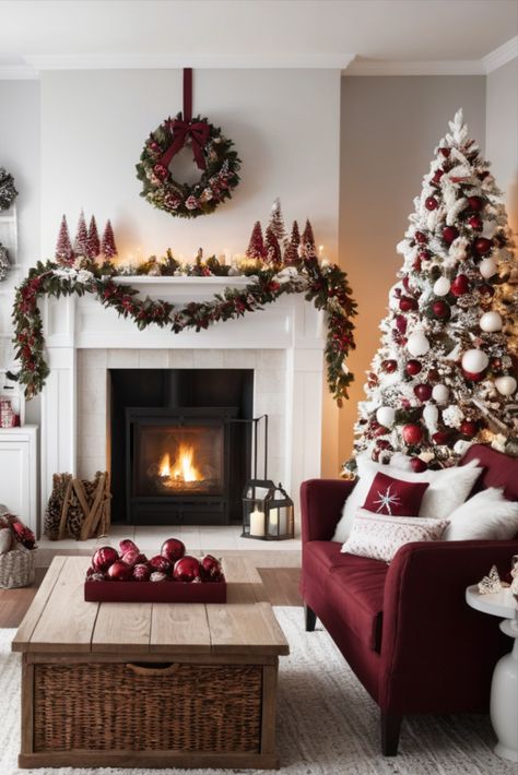 Balance deep burgundy with crisp white for a fresh take on Christmas decor. Find inspiration for combining these contrasting colors in your holiday designs. White Christmas With Red Accents, Burgundy Christmas Decor Ideas, Burgundy Silver Christmas Tree, Red And Cream Christmas Decor, Christmas Decor Ideas White And Red, Wine Red Christmas Decor, Burgundy Christmas Decor Color Schemes, Burgundy And White Christmas Tree, Deep Red Christmas Tree