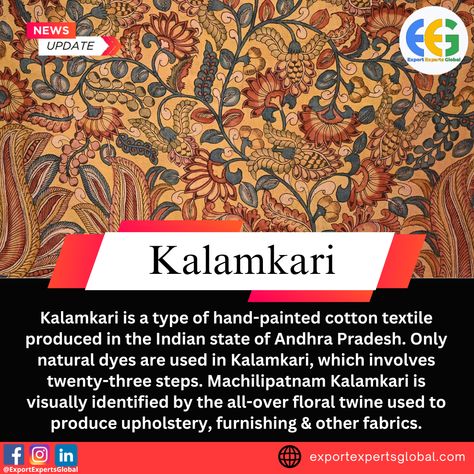 Kalamkari is a type of hand-painted cotton textile produced in the Indian state of Andhra Pradesh. Only natural dyes are used in Kalamkari, which involves twenty-three steps. Machilipatnam Kalamkari is visually identified by the all-over floral twine used to produce upholstery, furnishing & other fabrics... Join Our Offline and Online, Classes Contact Us or WhatsApp -9319001248 Website: www.exportexpertsglobal.com @exportexpertsglobal @exportexpertsglobal @exportexpertsglobal #Kalamkari Machilipatnam Kalamkari, Indian Textile Design, Indian Culture And Tradition, Traditional Textiles, Kalamkari Fabric, Textile Fashion, Printable Vintage Art, Types Of Hands, Kalamkari Painting