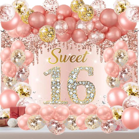 PRICES MAY VARY. Product： Rose gold sweet 16th birthday banner balloons banner decoration kit , including 1pcs 44 * 72 inches 16th birthday backdrop, 45pcs balloons, 1 roll of whit ribbon roll-20 feet, 100 adhesive points Unique design：The 16th banner decoration specially designed for women. Elegant rose gold, "sweet 16" words, stars diamonds and other birthday elements.The balloons in the set can be designed other shapes, which will definitely make your party stand out. Scenes：This rose gold ha Sweet Fifteen Decoration, Sweet Sixteen Tea Party, 16 Birthday Party Ideas At Home, Party Decorations Sweet 16, Sweet 16 Tea Party, Rose Gold Birthday Party Decorations, 16 Party Decorations, Birthday Elements, Rose Gold Birthday Party