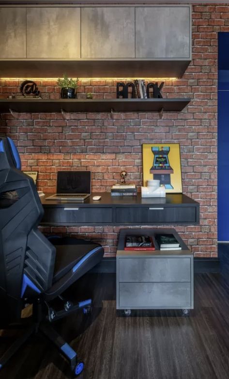 Basement Office, Brick Wallpaper, Pc Setup, Gaming Room, Brick Wall, House Inspiration, Table Desk, Bedroom Office, Game Room