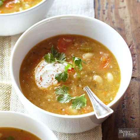 Mexican White Bean Soup from BHG White Bean Soup, Soup And Stew, Vegetarian Soup, White Bean, Bean Soup, White Beans, Delicious Soup, Chili Recipes, Soup And Salad