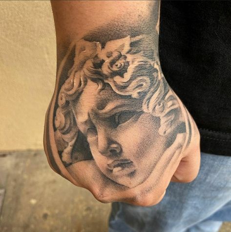 Angel Tattoo Hand, Angel Hand Tattoo, Angel Devil Tattoo, Unique Hand Tattoos, St Michael Tattoo, Sick Tattoos, Hand Tattoo Designs, Virgin Mary Tattoo, Mary Tattoo