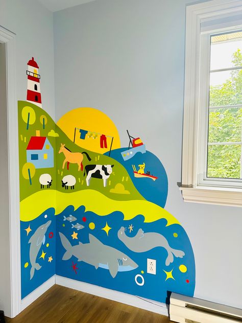 Mural for 3 year old’s room Nursery Mural Ideas Painted, Playroom Wall Mural, Kidmin Decor, Library Mural, Childrens Wall Murals, Playroom Mural, Magical Bedroom, Mural Inspiration, Mural Paintings