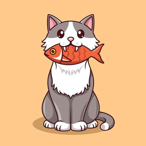 Cat Eating Fish Illustration, Cat With Fish Drawing, Cat Eating Fish Drawing, Cat And Fish Illustration, Cat Eating Illustration, Cat Eating Drawing, Cat With Fish In Mouth, Funny Fish Drawing, Salmon Cartoon