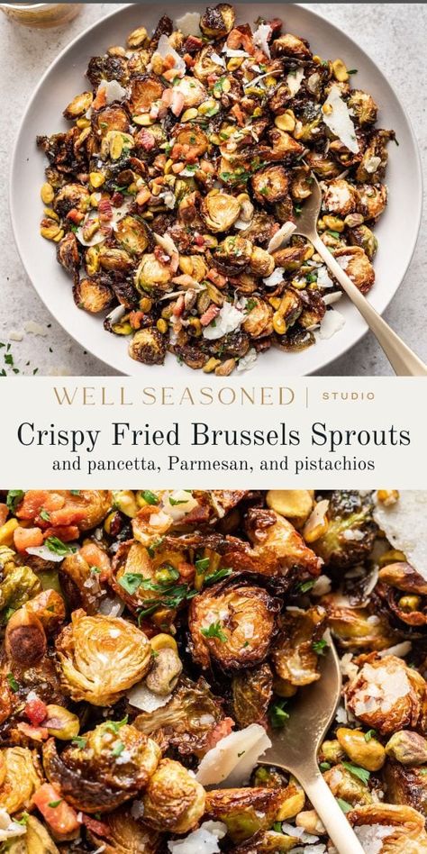 Sweet and salty, these Fried Brussels Sprouts are tossed with Parmesan cheese, pistachios, and crispy pancetta. They're dressed with a homemade apple cider vinaigrette, yielding a sweet, yet tangy taste in every bite. You'll love the crunch! Gluten-free. #wellsesasonedstudio #brusselssprouts #fried #deepfried Fried Brussels Sprouts, Crispy Pancetta, Fried Brussel Sprouts, Apple Cider Vinaigrette, Crispy Brussel Sprouts, Cider Vinaigrette, Parmesan Cream Sauce, Homemade Apple Cider, Fried Shallots