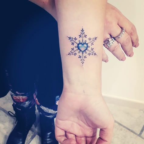 Snowflake Wrist Tattoo, Snowflake Semicolon, Snowflake Flower Tattoo, Snowflake Tattoos For Women, Snowflake Tattoo Design Unique, Winter Themed Tattoos, Snow Tattoo Snowflakes, Frozen Heart Tattoo, Small Christmas Tattoos