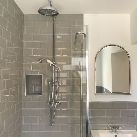 Grey Metro Tiles Bathroom, Bathroom Grey And White, Metro Bathroom, Metro Tiles Bathroom, Bathroom Traditional, Grey And White Bathroom, Bathroom Grey, Grey Bathroom Tiles, Victorian Mirror