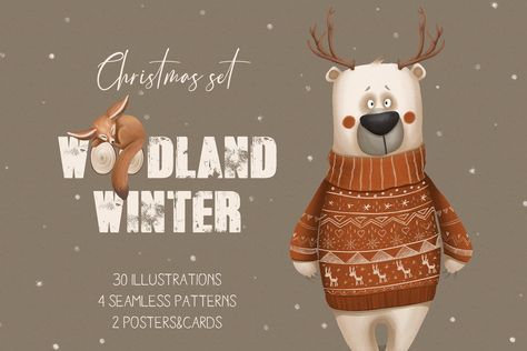 Woodland winter. Christmas set - Creative Market Christmas Illustration Design, Woodland Winter, Christmas Set, Winter Set, Yellow Images, 3d Christmas, Christmas Illustration, Christmas Settings, Christmas Clipart