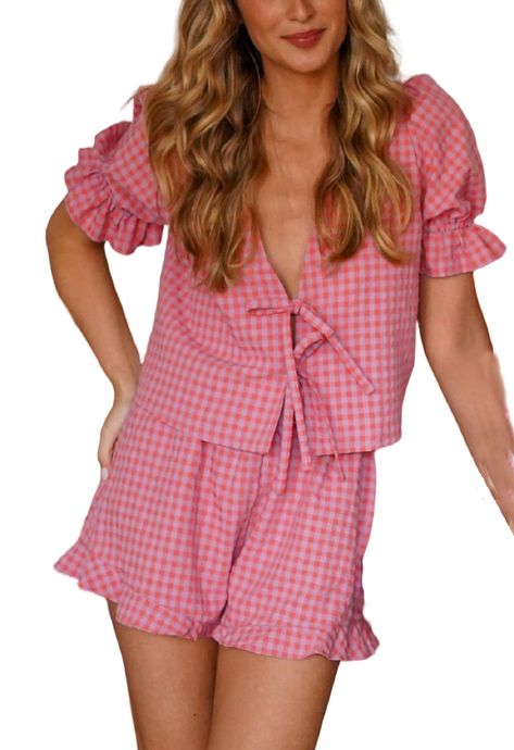 PRICES MAY VARY. Material: Polyester blend. Y2k plaid pajama two piece set, tie front peplum shirts shorts set sleepwear, super soft and skin friendly, breathable, lightweight, comfortable to wear. Feature: Gingham pajamas two piece lounge set, tie front short sleeve peplum shirt, lace up bow babydoll blouse, tie up front cardigan tops, open front bandage, loose fit, bow tie crop top blouses, plaid print pajama shorts, elastic waist wide leg sleep shorts. Style: Peplum shirt and ruffle hem short Cute Lounge Sets, Lounge Outfits, Dirndl Outfit, Barbie Mode, Bandeau Tops, 1920s Flapper Dress, Puff Sleeve Shirt, Lounge Outfit, Rock Outfit