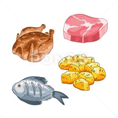 Potatoes Illustration, Fish And Potatoes, Meat Drawing, Animal Pictures For Kids, Kids Packaging, Chicken Illustration, Meat Steak, Pumpkin Vector, Watercolor Beginner