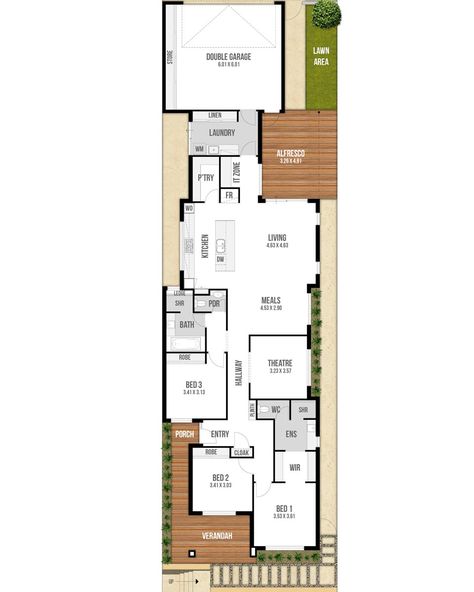 With it's spacious verandah, unique side entry, cloak cupboard and massive kitchen & laundry, there's certainly no sacrifices made in this spacious, open-plan home design. Narrow House Plans, Narrow Lot House, Small Floor Plans, Narrow Lot House Plans, Two Story House Plans, Free House Plans, Long House, Garage House Plans, Duplex House Plans