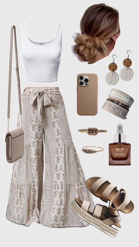 Taupe and white wide leg boho pant, white tank top, platform sandals Look Hippie Chic, Spring Outfit Ideas, Boho Chic Outfits, 60 Fashion, Trendy Fashion Outfits, Causual Outfits, Casual Chic Outfit, Matches Fashion, Casual Chic Style