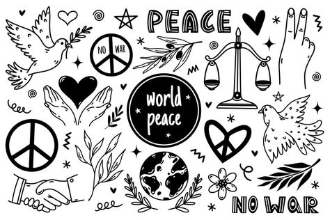 Peace symbol icon set. Hand drawn illustration isolated on white background. Pacifism sign - dove, handshake, olive branch, heart, planet. No war, monochrome doodle collection. Symbols Of Peace, Bullet Journal Work, Winter Art Lesson, Peace Poster, Symbol Drawing, Simple Mehndi Designs Fingers, Peace Illustration, Positive Quotes For Life Motivation, Hand Drawn Illustration