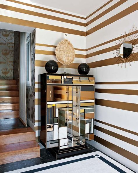 Vintage Madrid Villa With Influences From The 50s And 60s "one of my best designs" #design #interior #Furniture Girly Office, Fun Furniture, Striped Walls, Interior Vintage, Vintage Interior Design, Dekorasi Kamar Tidur, Market Square, Salon Ideas, Horizontal Lines