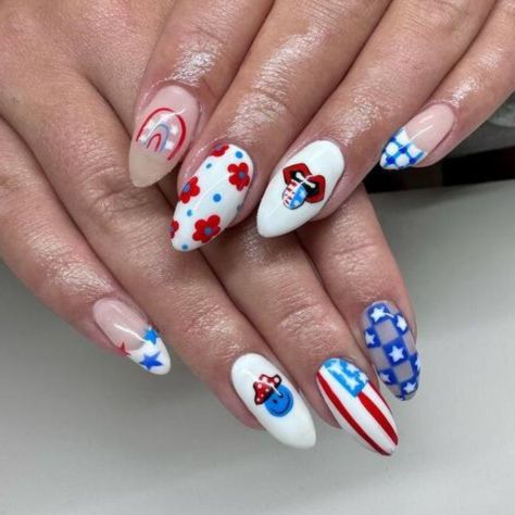 This collection boasts a vibrant array of designs, ranging from classic gingham checks to whimsical cartoon-inspired patterns, injecting fun and festivity into every nail. Each nail becomes a unique canvas showcasing various symbols of American culture, making it perfect for themed parties or celebrating national holidays. Nails Patriotic, American Flag Nails, Flag Nails, Nail Base Coat, Manicure Designs, Different Symbols, Red Polish, Holiday Nail Designs, Blue Polish