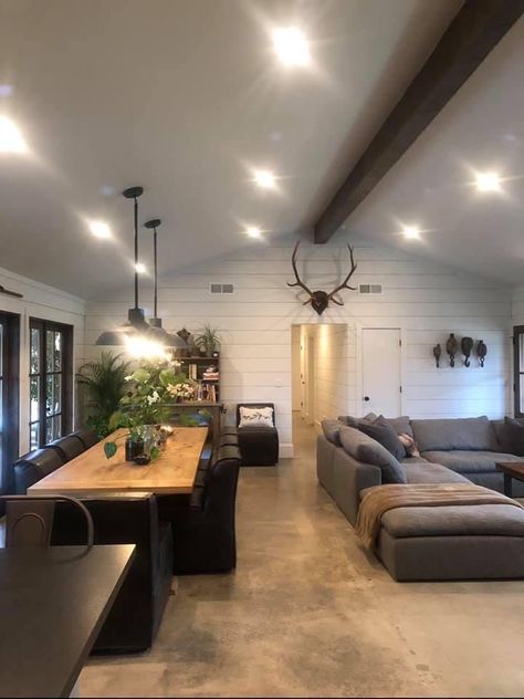 Double Wide Open Floor Plan, Barndo With Exposed Duct, Small Pole Barn Homes Simple Rustic, Black Mobile Home Interior, Small Metal Building Homes Interiors, Barndominium Mobile Home, Double Wide Interior Remodel, Shop House Living Room, Small Shop House Interior