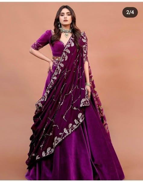 Dark Purple Indian Outfit, Rani Colour Blouse Design, New Lehnga Designs 2024, Lehnga For Grooms Sister, Wine Colour Lehenga Color Combos, Dupatta Draping Styles Lehenga Choli, Simple Lehenga, Indian Outfits Lehenga, Wedding Lehenga Designs