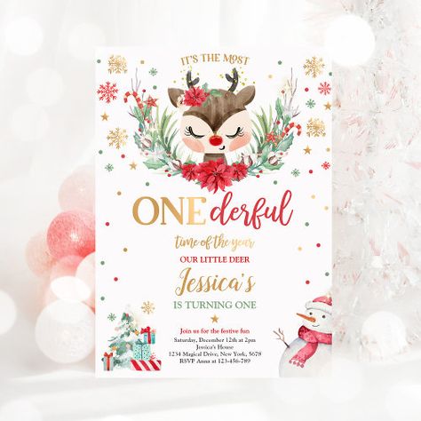 Reindeer Christmas 1St Birthday Red Winter Deer Invitation #zazzle #weddinginvitations #birthdayinvitations #babyshowerinvitations #zazzleinvitations #monogram #businesscards #graduation #homedecor Christmas 1st Birthday, Winter Deer, Girls Party Invitations, Bunny Birthday, Winter Tree, July 1st, Winter Birthday, 1st Birthday Invitations, Birthday Poster