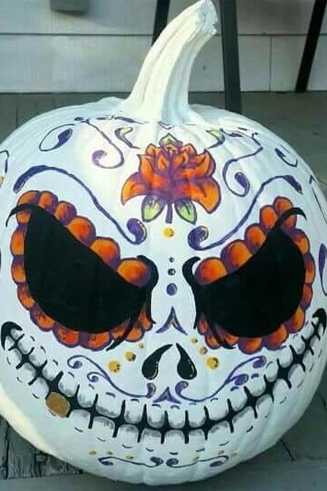 18 Scary Indoor and Outdoor Halloween Decorations That You Can Make Pumpkins Painted Like Animals, Pimkin Paint, Hospital Pumpkin Contest Ideas, Sugar Skull Pumpkin Painting, Paintings On Pumpkins, Pumpkin Competition Ideas, Disney Pumpkin Painting, Sugar Skull Pumpkin, Veselý Halloween