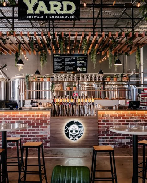 Cool Brewery Interior, Craft Beer Bar Design, Tap Room Brewery Design, Brewery Lighting, Brewpub Design, Draft Beer Bar, Brewery Interior Design, Beer Bar Design, Steakhouse Design