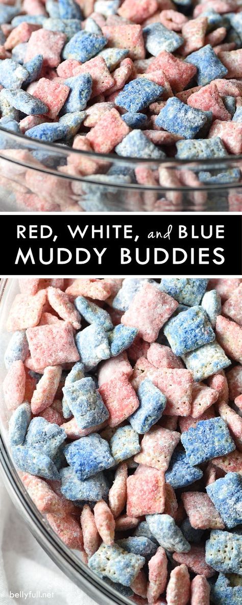 Red, White, and Blue Muddy Buddies - 15-minute Chex Mix Muddy Buddies with a holiday flair for the 4th of July! The most delicious and addicting snack ever! Blue Muddy Buddies, Chex Mix Muddy Buddies, Muddy Buddies Recipe, Muddy Buddies, July Outfits, 4th Of July Desserts, Independance Day, Fourth Of July Food, Chex Mix