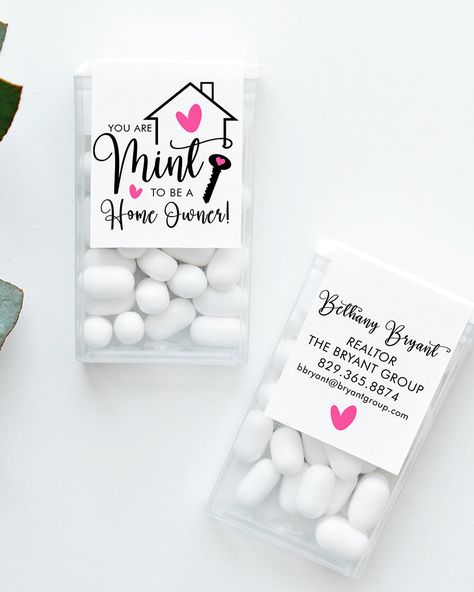 Mint to Be a Home Owner, Real Estate Client Gift, Open House Gift, Personalized, Printed stickers, Realtor Marketing Labels, TicTac Labels These Personalized Custom Mint to be a Home Owner Realtor Labels are absolutely fabulous to add to mint boxes and hand out as a promotional or marketing gift to your clients. The labels are printed on high quality peel & stick paper. There are 12 labels per sheet of stickers. Labels will wrap over the top of the Tic Tac box. The labels are customized for you here in my studio with your name and printed using a high quality inkjet printer. Your order will be packaged with care in a cellophane protective sleeve and shipped in a flat protective mailer. Stick Label right over Existing Label, no show-through! High Quality Sticker Paper Fits a standard Tic Ta Open House Ideas Real Estate Gifts, Realtor Hand Out Ideas, Real Estate Fair Booth Ideas, Realtor Marketing Gifts Cute Ideas, Business Gifts For Clients Marketing, Real Estate Marketing Gifts Ideas, Realtor Drop By Ideas, Realtor Promotion Ideas, Real Estate Goodie Bag Ideas