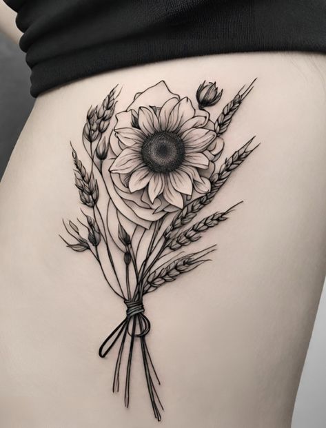 Sunflower And Eucalyptus Tattoo, Sunflower With A Bee Tattoo, Rustic Tattoo Ideas, Country Arm Tattoos For Women, Country Forearm Tattoo, Farm Animal Tattoos For Women, Cow And Sunflower Tattoo, Rustic Tattoos For Women, Cowboy Sleeve Tattoo