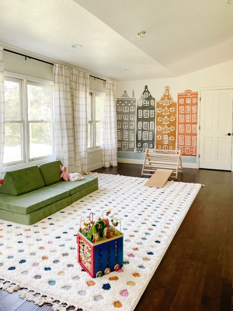 Minimal Playroom, Playroom Curtains, Kids Playroom Rugs, Curtain Rod Ends, Polka Dot Rug, Toy Shelves, Office Playroom, Kids Playroom Decor, Playroom Rug