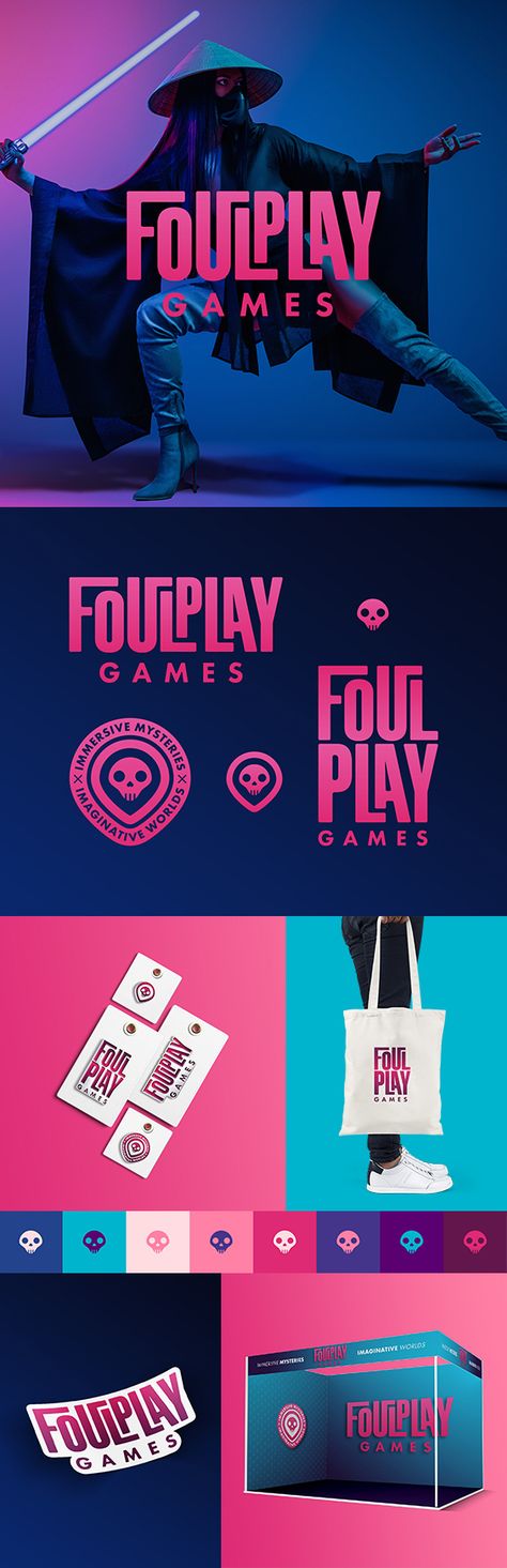 Logo identity design and branding for Foulplay Games, a virtual murder mystery company by Gold Sheep Design Gaming Logos Design, Gaming Packaging Design, Mystery Logo Design, Game Branding Design, Gaming Logo Design Ideas, Gaming Brand Identity, Media Company Branding, Mysterious Branding, Logo Colors Ideas