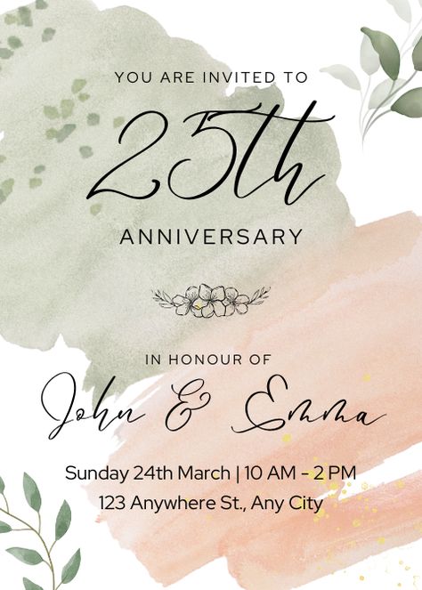 I've crafted a stunning marriage anniversary invitation. Celebrate your special day by sending out this invite digitally or get it printed. Feel free to use it—available for free on Canva! 25th Anniversary Invitation, Watercolor Anniversary, Invitation Cards Design, Pink And Green Watercolor, Hemp Paper, Anniversary Invitation, Brand Event, Marriage Invitations, Marriage Anniversary