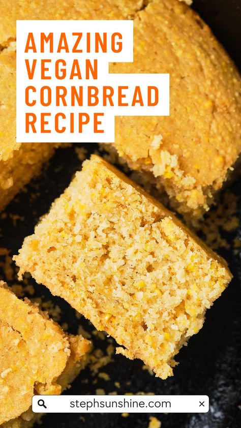 A close up view of vegan cornbread in a skillet, with one piece turned on its side to show its tender texture; text says, "Amazing vegan cornbread recipe." Best Vegan Cornbread, Corn Bread Vegan, Egg Free Cornbread, Vegan Cornbread Recipe, Recipes Plant Based, Vegan Greek Yogurt, Chili Vegan, Vegan Cornbread, Honey Cornbread