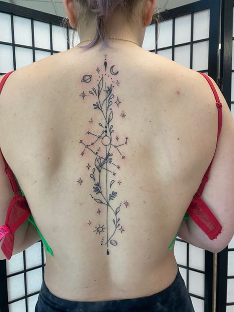 Star Tattoos Spine, Spine Tattoos Constellation, Back Tattoo Constellation, Spine Tattoos For Women Space, Constellation Tattoo Spine, Spine Tattoos Planets, Spine Tattoo Space, Spine Tattoos Space, Galaxy Spine Tattoo