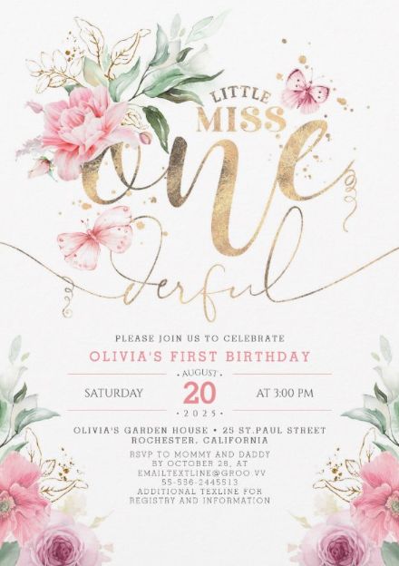 Little Miss Onederful, Floral 1st Birthday, Miss Onederful, Onederful Birthday, Floral Typography, 1st Birthday Party Invitations, Watercolor Birthday, Boho Birthday, Birthday Invitations Girl