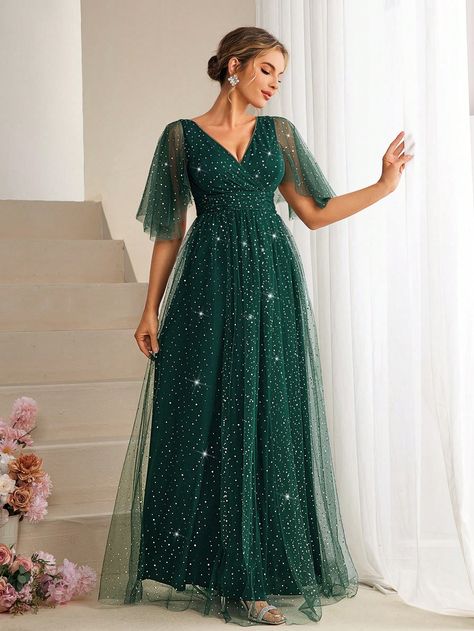 Dark Green  Collar Short Sleeve Mesh Fabric Plain A Line Embellished Non-Stretch  Weddings & Events Emerald Green Evening Gown, Green Wedding Guest Dresses, Tulle Bridesmaid, Emerald Dresses, Formal Ball Gown, Gown For Women, Tulle Bridesmaid Dress, Chiffon Dresses, Women Formals