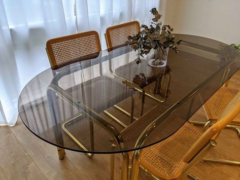 Glass Table With Wood Chairs, Mid Century Glass Dining Table, Smoked Glass Dining Table, Glass Table Decor Dining, Glass Dinner Table, Glass Table Dining, Glass Dining Table Decor, Rectangle Glass Dining Table, Glass Kitchen Table