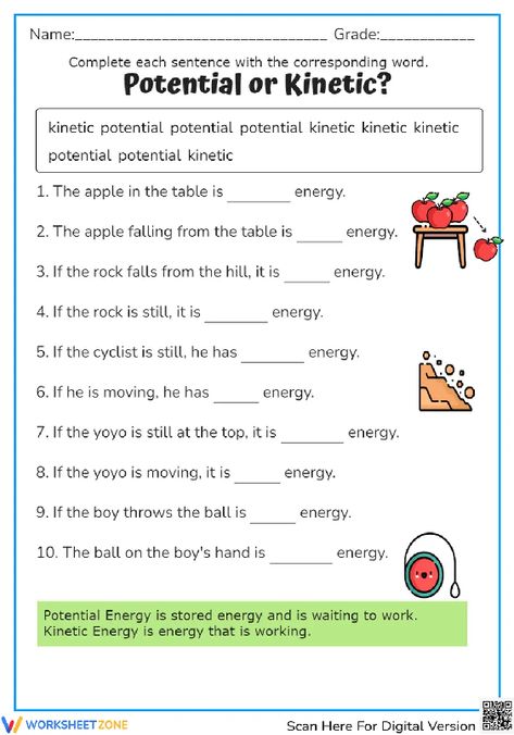 Unleash your potential with this worksheet right now! You also can play interactive at our website. Let's check it out! #potential #kinetic #science #worksheets #kineticandpotentialenergy #energy #potentialenergy #kineticenergy #completethesentence #printables #interactive Kinetic And Potential Energy, Chemical Energy, Potential Energy, Kinetic Energy, Science Worksheets, Homeschool Science, Check It Out, Right Now, Science