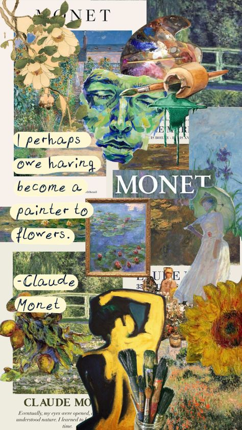 Claude Monet Moodboard, Post Impressionism Aesthetic, Monet Collage Wallpaper, Art History Collage, Claude Monet Collage, Moodboards Aesthetic Painting, Monet Moodboard, Wallpaper Backgrounds Painting, Aesthetic Collage Painting