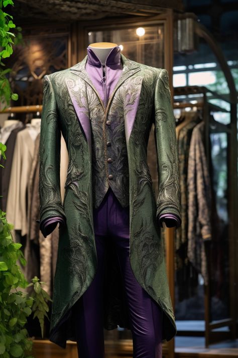 Wisteria inspired suit Elven Wedding Outfit Male, Victorian Male Outfit, Platonic Wedding, Ghost Girlfriend, Bg3 Gale, Frog Pottery, Green Suit Men, Ren Faire Outfits, Costumes Couture