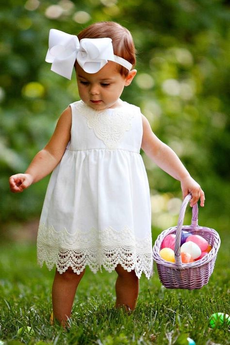 White Crochet Lace Dress - For holidays or parties, so sweet! #whitebabydress #easterbabydress #lace #ad Toddler Girls Easter Dresses, Toddler Girl Outfits Spring, Cream Linen Dress, Spring Baby Clothes, White Baby Dress, Spring Toddler