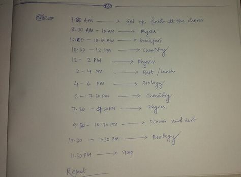 NEET daily time table and study routine for class 11, 12. Prepare a timetable for the whole day. It can be according to what you have as your strengths and weaknesses. #NEET #NEETTimeTable #NEETDailyRoutine #NEETDailyTimeTable Class 11 Study Routine, Class 11 Study Timetable, Time Table Daily Routine, Class 11 Timetable, Study Routine For Neet, Best Time Table For Study Class 12, Time Table For Neet Preparation, Best Time Table For Study Neet, Timetable For Class 11 Science