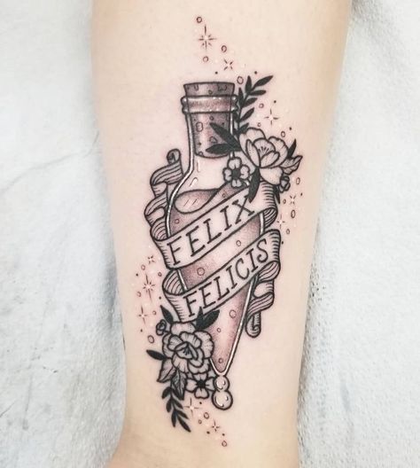 Flashes Tattoo, Harry Potter Tattoo Sleeve, Liquid Luck, Luck Tattoo, Felix Felicis, Hp Tattoo, Bottle Tattoo, Tasteful Tattoos, Harry Potter Tattoos