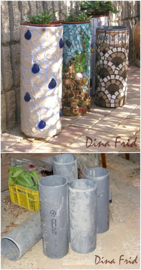 Pipe Flower, Whimsical Yard, Mosaic Planters, Mosaic Pots, Mosaic Flower Pots, Mosaic Garden Art, Mosaic Art Projects, Mosaic Stained, Hemma Diy