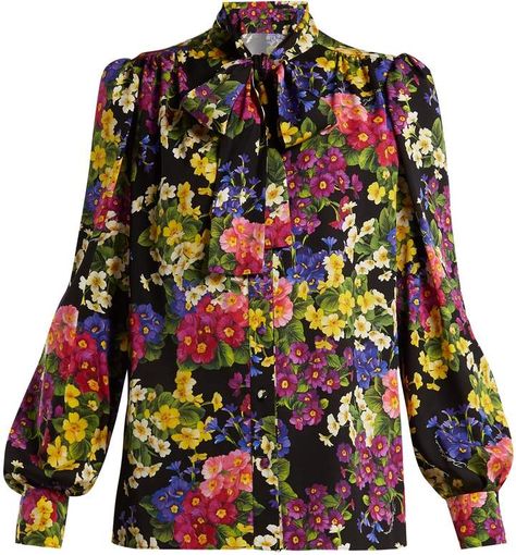 DOLCE & GABBANA Floral-printed silk blouse #blouse #pirinted_blouse #western_style #cool #stunning_look #stylish #jeans_top #smocked_top #floral_blouse #cold-shoulder_top #shopstyle Western Tops For Women, Black Silk Blouse, Black Ground, Western Tops, Botanical Shirt, Fantasy Closet, Romantic Outfit, Classy Work Outfits, Silk Charmeuse