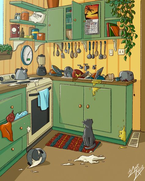 #illustration #digitalillustration #digitaldrawing #procreateillustration #kitchen #cozy Cluttered Room Illustration, Kitchen Scene Illustration, Kitchen Reference Images, Kitchen Interior Illustration, Messy Kitchen Illustration, Messy Kitchen Drawing, Kitchen Animation, Illustrated Kitchen, Kitchen Cartoon